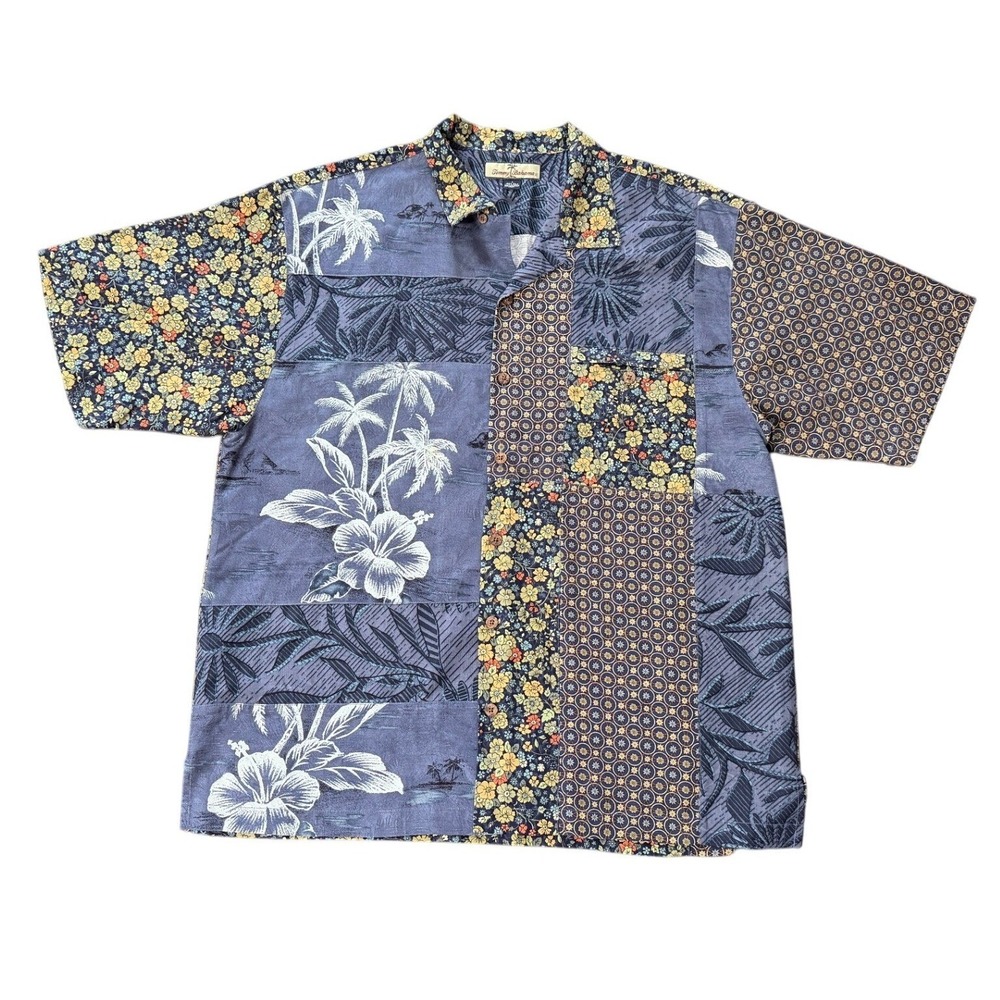 Tommy Bahama Large Silk Patchwork Tropical Floral Hawaiian Camp Shirt Retro Boho